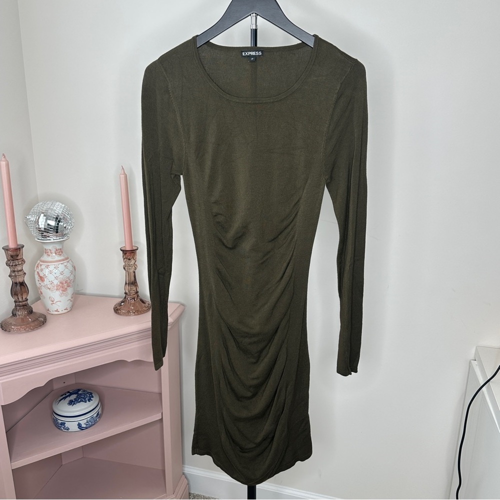 Express Knit Dark Olive Long Sleeve Dress